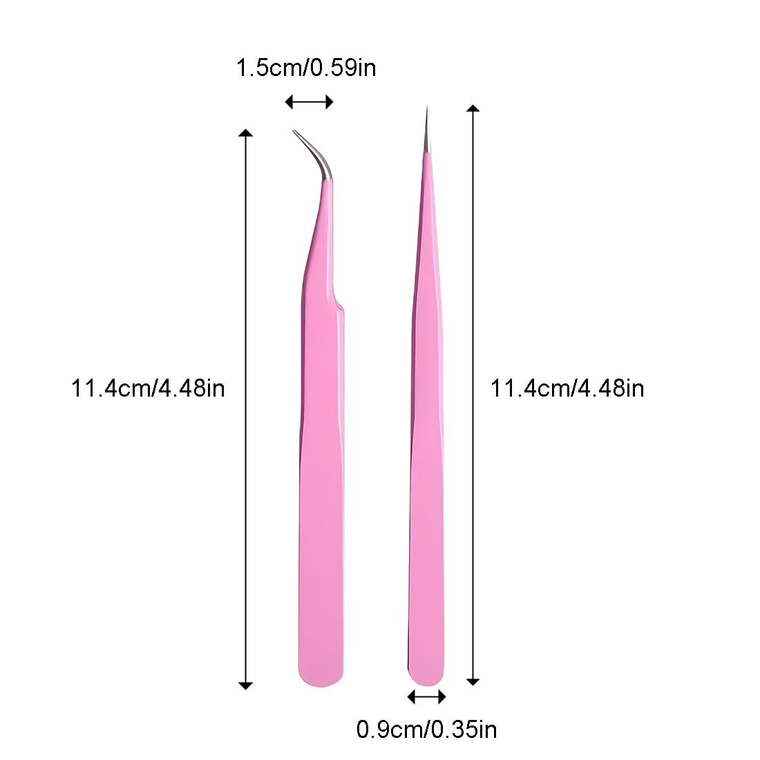 Size chart of pink straight eyelash tweezers and pink curved eyelash tweezers