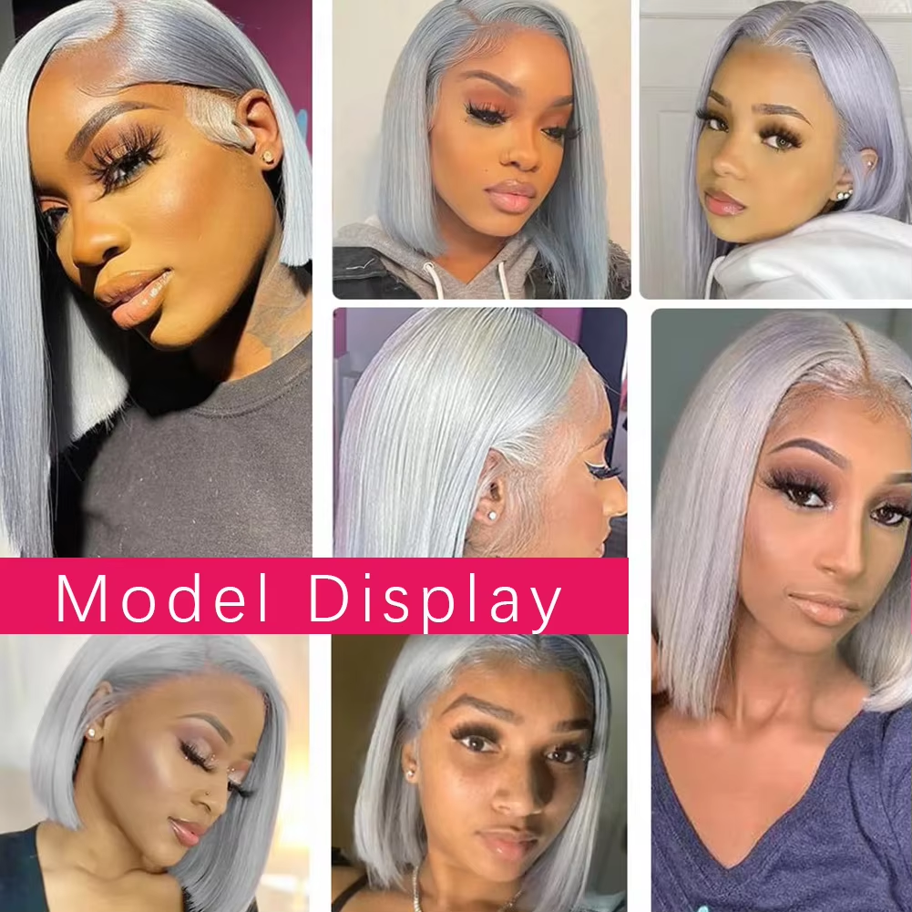 Human Hair Short Straight Bob Wig Silver Gray Human Hair Blend Middle Part Natural Looking Wig 200% Density BOSQUE Beauty