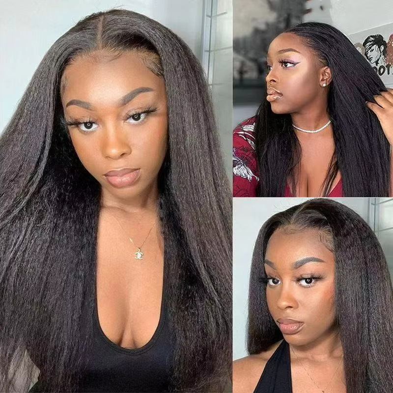 Kinky Straight Human Hair Wig Yaki Texture 200% Density Black Color Fluffy Long Hair Glueless Lace Front BOSQUE Beauty