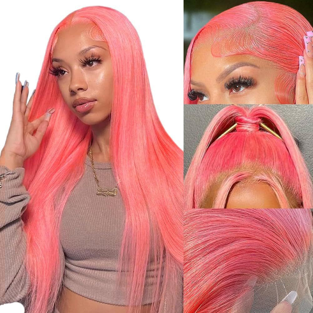 13*4 Lace Human Hair pink pink Long Straight Hair Curly Real