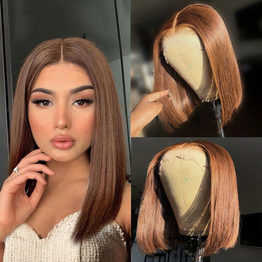 In the Middle Parted Wig Head Covering Human Hair Wigs Bobo Front Lace Real Hair Wig