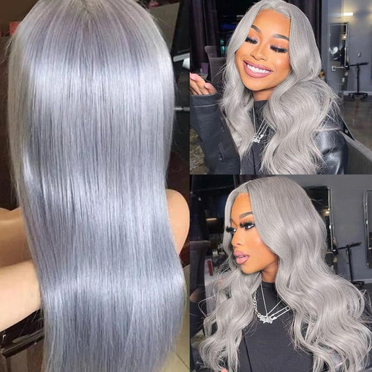 New 13*4 Front Lace Silver Gray Long Straight Hair Sliver Gray Silver Real Head Covers