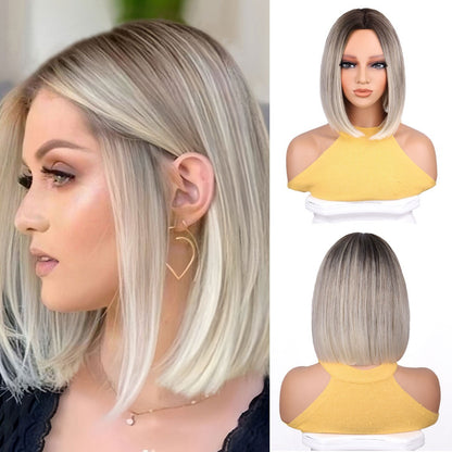 Ladies Wigs Gray Blonde Center Parted Bangs Short Straight Hair BOBO High Temperature Wig