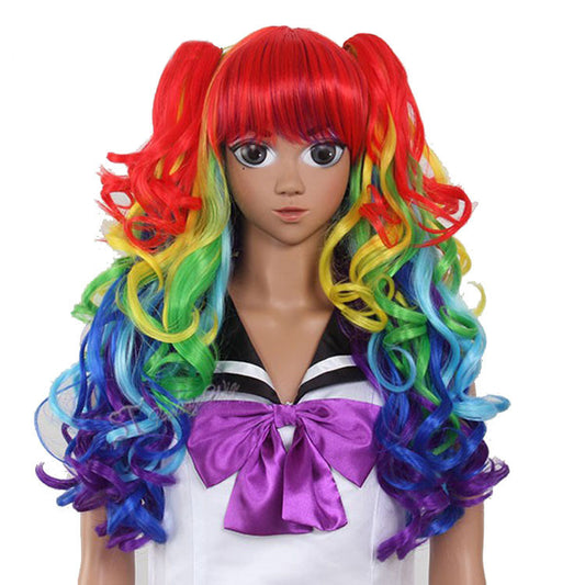 Manufacturer Wholesale Fake Anime Cosplay Wig Headpiece Double Ponytail Long Curly Hair High-Temperature Resistant Synthetic Fiber Colored Hairpiece