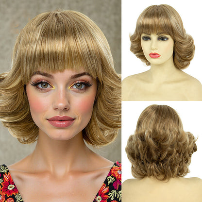 New European and American cross-border wigs for women, golden highlights and bangs versatile for daily use, Japanese hair wigs