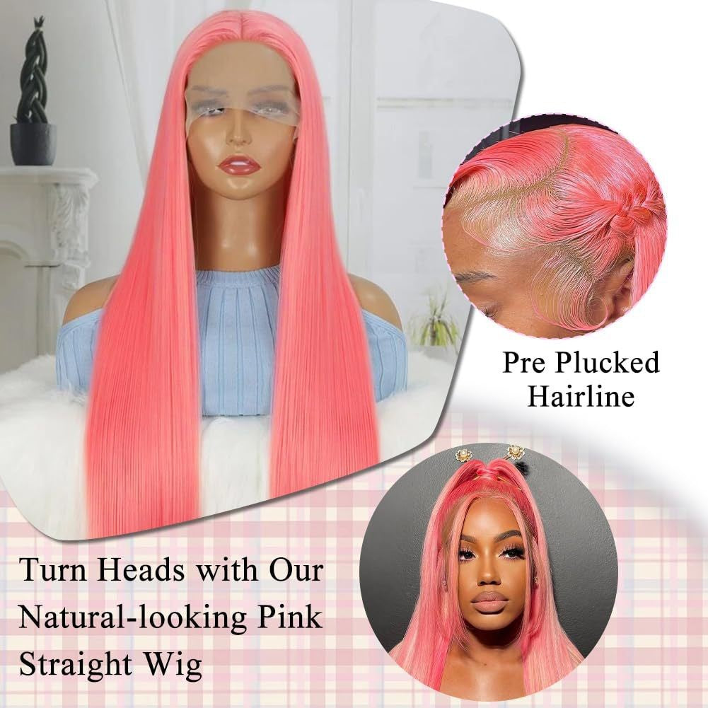 13*4 Lace Human Hair pink pink Long Straight Hair Curly Real