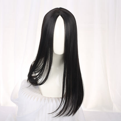 Long Straight Hair Black Wigs Head Round Face No Trace Cos Female Full Hair