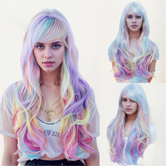 Colorful Wig - Long Curly Full Head Wig with Side-Swept Bangs in Multi-Color Blend Christmas & Halloween Holiday Wig