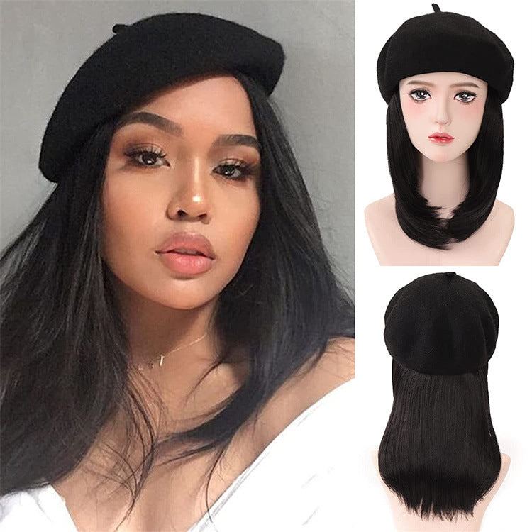 Hatwig beret hat wig multi-color black shoulder-length versatile women's invisible wig cap export foreign trade