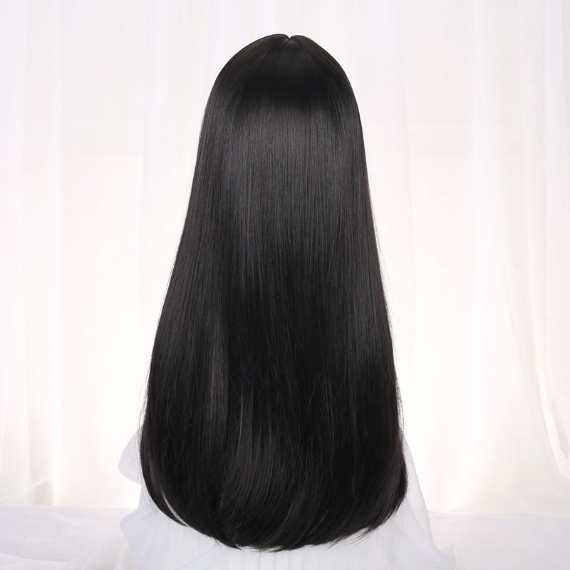 Long Straight Hair Black Wigs Head Round Face No Trace Cos Female Full Hair