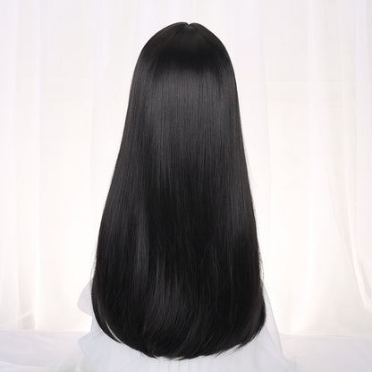 Long Straight Hair Black Wigs Head Round Face No Trace Cos Female Full Hair