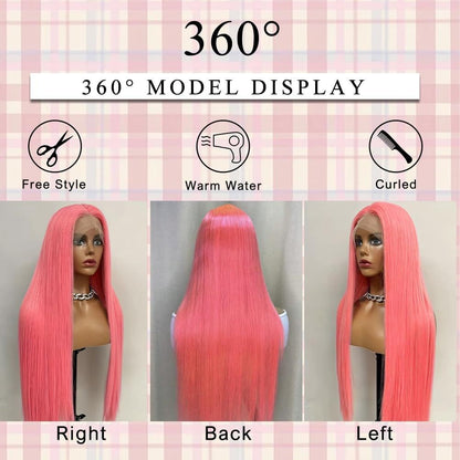 13*4 Lace Human Hair pink pink Long Straight Hair Curly Real