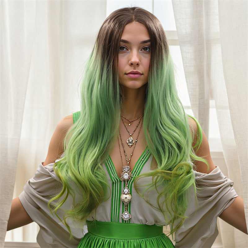 Large-Area Front Lace 13/4 Wig with Wide Head Circumference Green Ombre Natural Curls Center Part or Free Parting Lace Wig