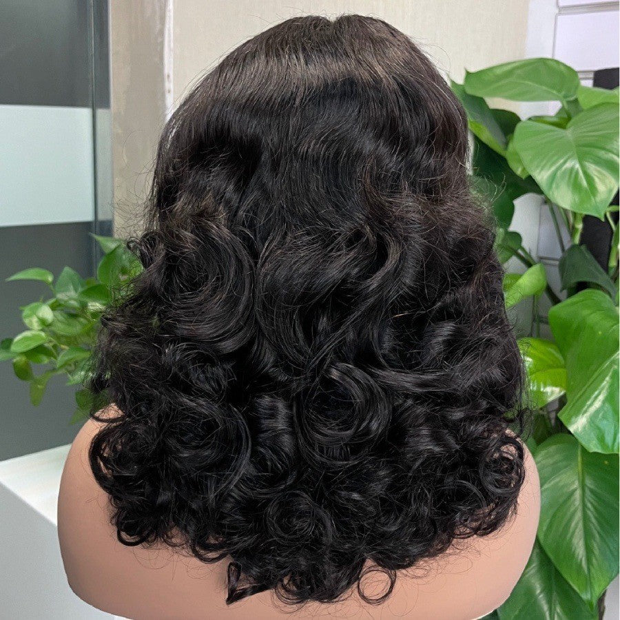 Wig Short Section Elastic Large Volume Black People with Bangs Head Covering Wig 13*4