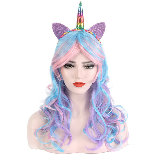 Rainbow-colored festive high-temperature hair cosplay waist-length big wave long hair wig