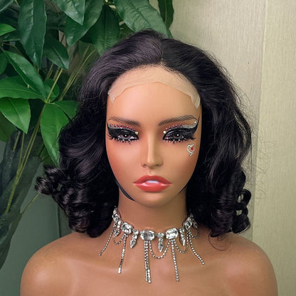 Bouncy Curly Glueless Wig Front Lace Short Hair Real Wig Head Covering