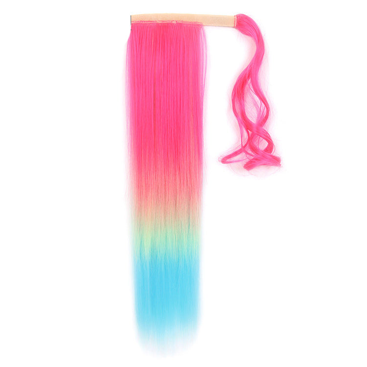 New hair extensions color gradient girly style three-color long straight Velcro ponytail