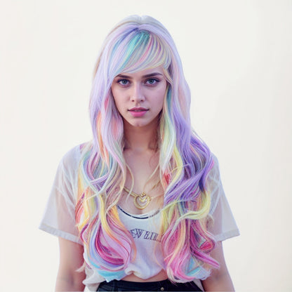Colorful Wig - Long Curly Full Head Wig with Side-Swept Bangs in Multi-Color Blend Christmas & Halloween Holiday Wig