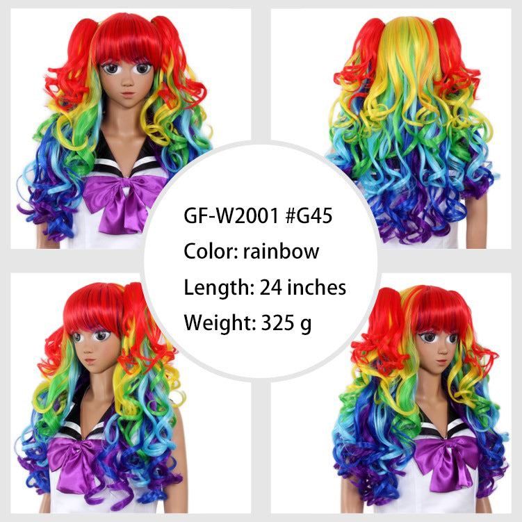 Manufacturer Wholesale Fake Anime Cosplay Wig Headpiece Double Ponytail Long Curly Hair High-Temperature Resistant Synthetic Fiber Colored Hairpiece
