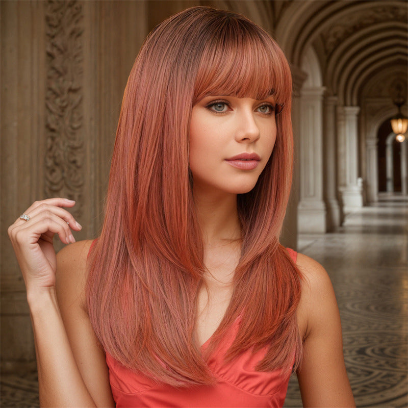 Layered inner-curl wig with wine red dye on the top of the head, with a lot of hair, simulated and versatile daily high-temperature silk wig set