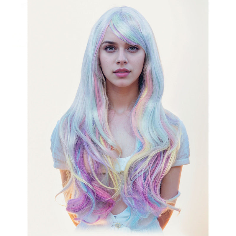 Colorful Wig - Long Curly Full Head Wig with Side-Swept Bangs in Multi-Color Blend Christmas & Halloween Holiday Wig