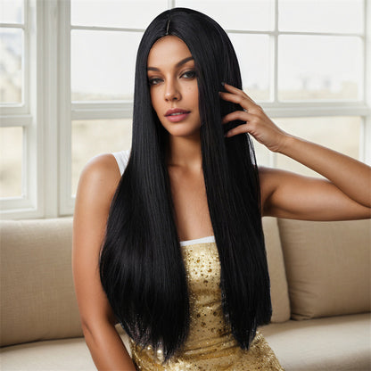 Women's Wigs Basic Models in the Parted Black Long Straight Female Chemical Fiber Wig