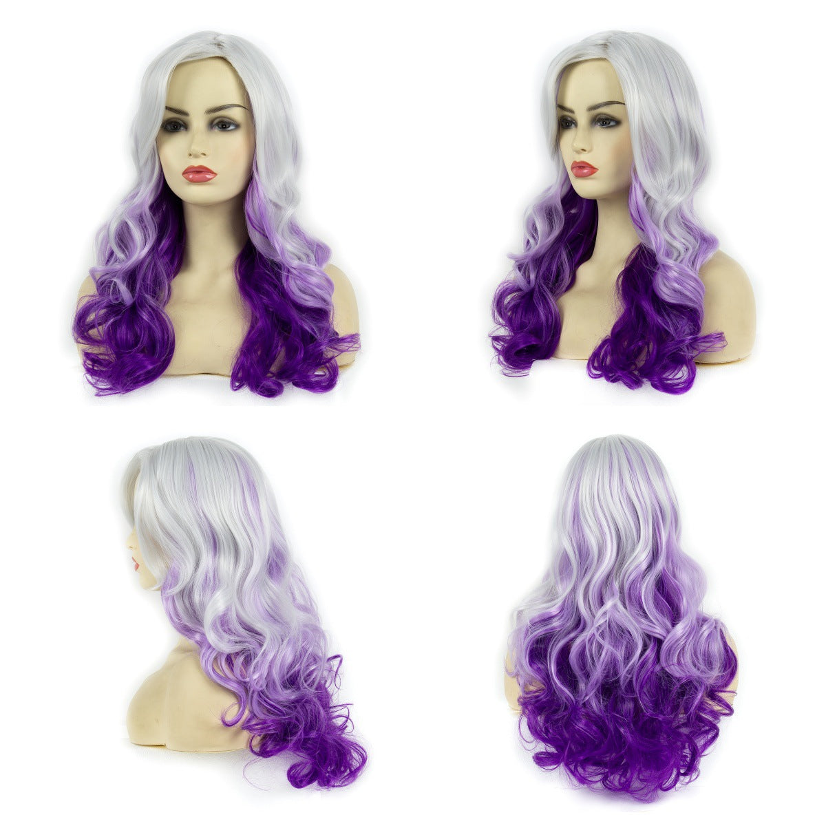 Halloween Hot Purple Mixed Gray Wig Oblique Bangs High Temperature Wire Long Curly Hair