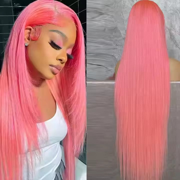 13*4 Lace Human Hair pink pink Long Straight Hair Curly Real