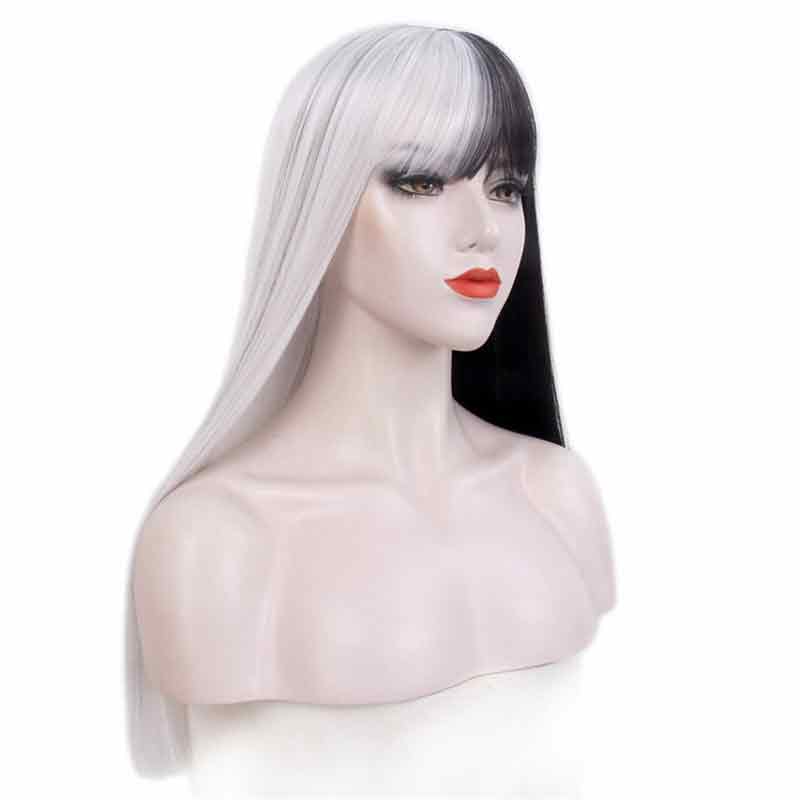 Halloween Wigs for Women Full Head Wigs Long Straight Hair Party Prom Half Black Half White