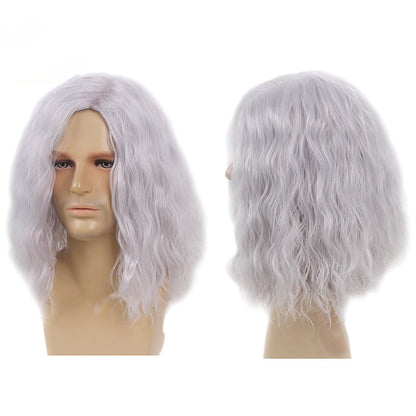 80s retro rock side parted fluffy silver gray cos Halloween Christmas European and American men's full head wig