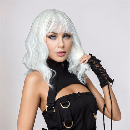 Export-grade wig full-head high-temperature synthetic hair wig, short style with lightweight airy bangs, 14-inch JK white wig in stock