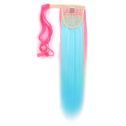 New hair extensions color gradient girly style three-color long straight Velcro ponytail