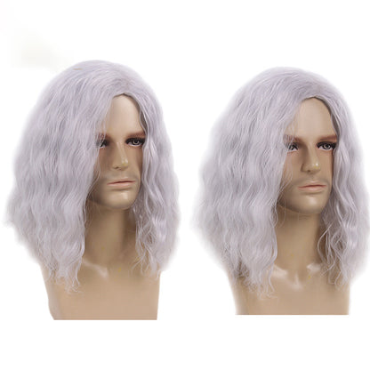 80s retro rock side parted fluffy silver gray cos Halloween Christmas European and American men's full head wig