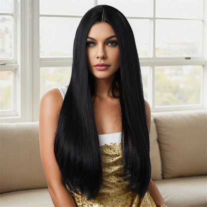 Women's Wigs Basic Models in the Parted Black Long Straight Female Chemical Fiber Wig