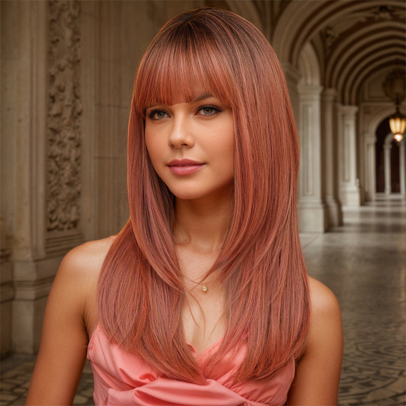 Layered inner-curl wig with wine red dye on the top of the head, with a lot of hair, simulated and versatile daily high-temperature silk wig set