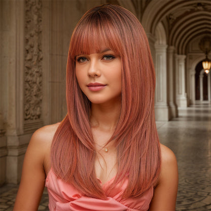 Layered inner-curl wig with wine red dye on the top of the head, with a lot of hair, simulated and versatile daily high-temperature silk wig set