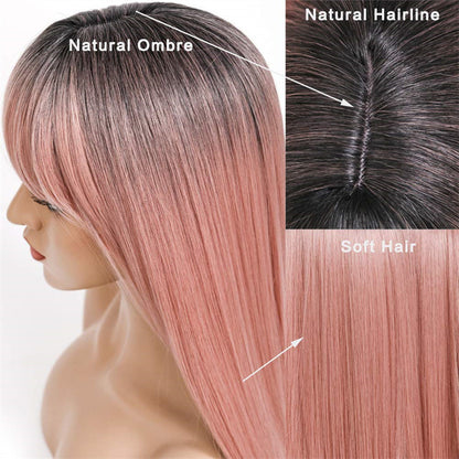 Wig hot pink natural gradient wigs women's long straight hair high temperature wire headpiece Guangdong