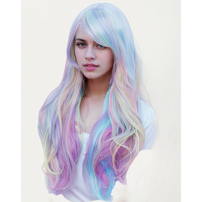 Colorful Wig - Long Curly Full Head Wig with Side-Swept Bangs in Multi-Color Blend Christmas & Halloween Holiday Wig