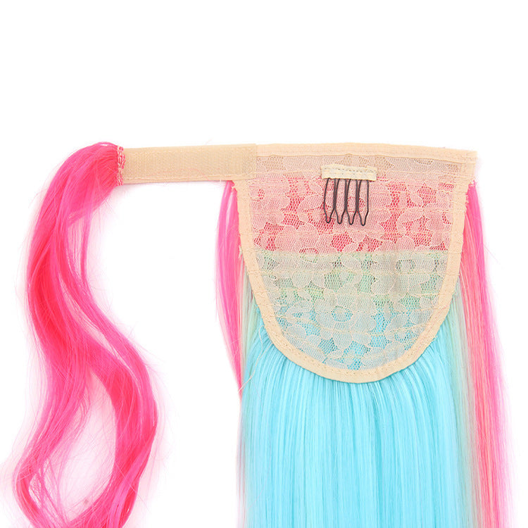 New hair extensions color gradient girly style three-color long straight Velcro ponytail