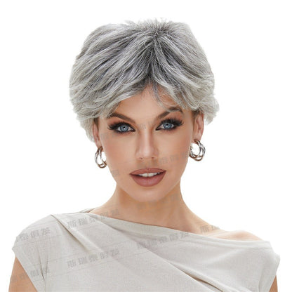 Pixie Wig Covering Silver Gray Wig Female Curly Hair Middle-aged Woman Wig