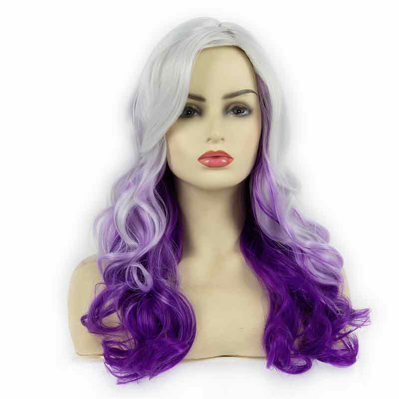 Halloween Hot Purple Mixed Gray Wig Oblique Bangs High Temperature Wire Long Curly Hair