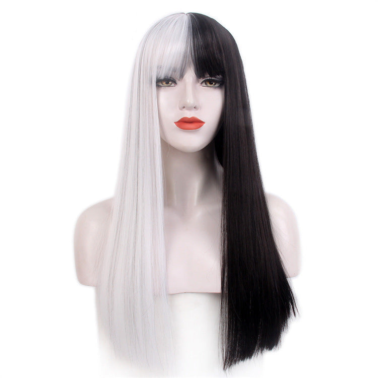 Halloween Wigs for Women Full Head Wigs Long Straight Hair Party Prom Half Black Half White