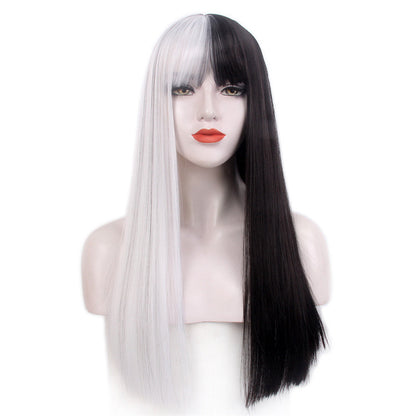 Halloween Wigs for Women Full Head Wigs Long Straight Hair Party Prom Half Black Half White