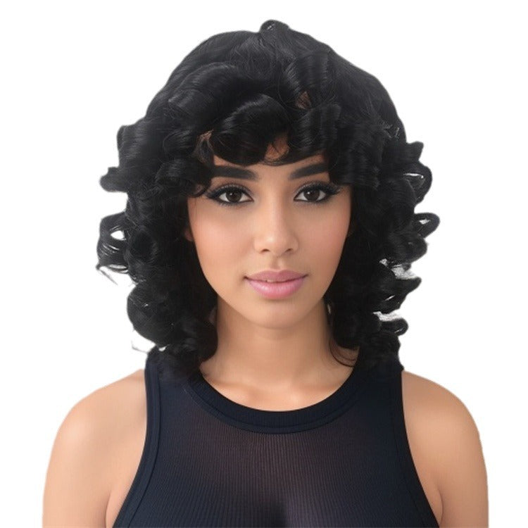 Export Trade: African Women's Black Short Curly Wig with Partable Bangs and Detachable Hairpiece