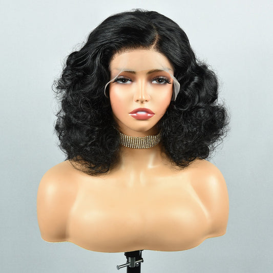 Peluca de cabello humano africano de 13 x 4 pulgadas con encaje superdoble dibujado y cubrecabezas.