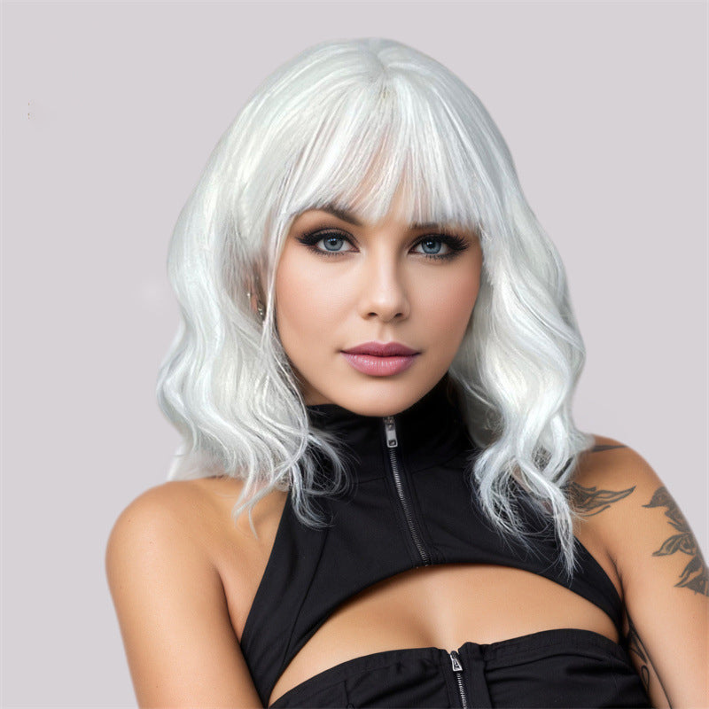 Export-grade wig full-head high-temperature synthetic hair wig, short style with lightweight airy bangs, 14-inch JK white wig in stock