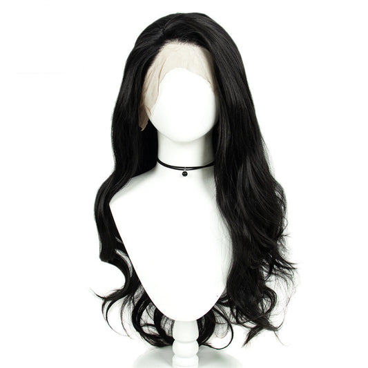 Peluca frontal de encaje de fibra química 13x3 con simulación de cabello humano negro con rizos grandes 