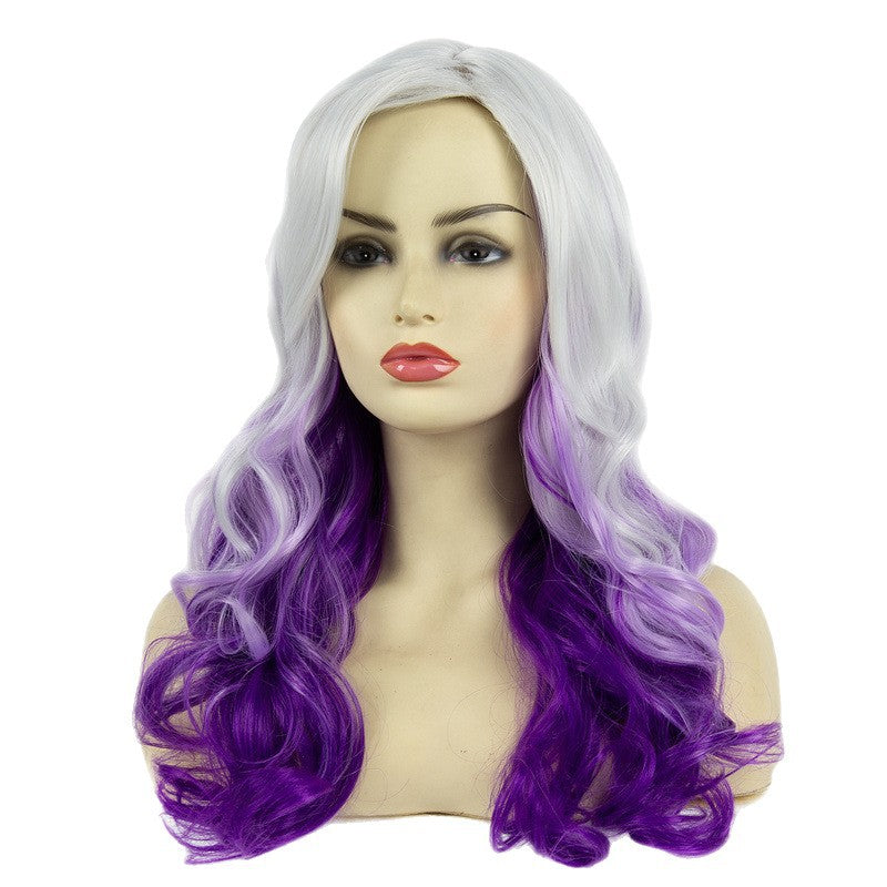 Halloween Hot Purple Mixed Gray Wig Oblique Bangs High Temperature Wire Long Curly Hair