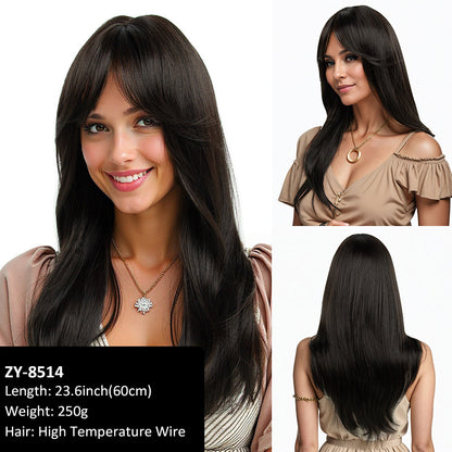 Layered collarbone-length wig with dyed bangs and realistic long straight hair
