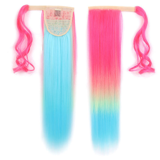 New hair extensions color gradient girly style three-color long straight Velcro ponytail